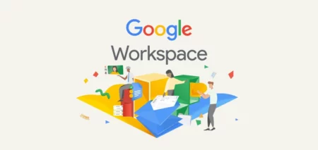 Google Workspace logo with a colorful abstract team collaboration illustration underneath the word 'Workspace'