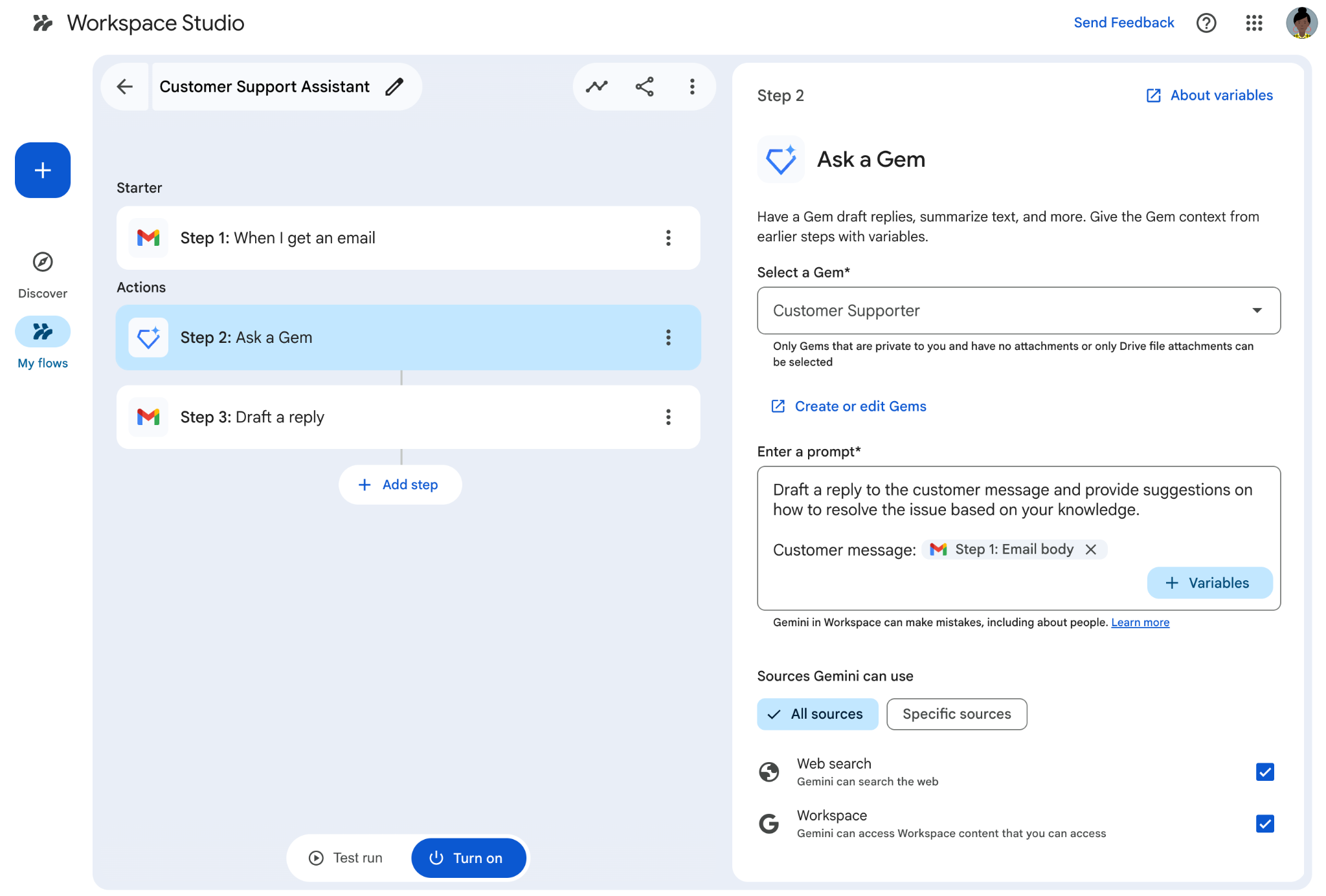 Use your Gems in your Google Workspace Studio flows