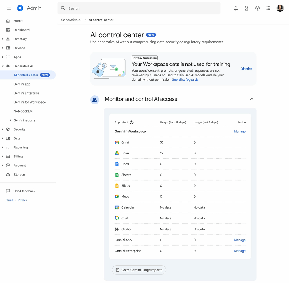 Securely manage AI and agent access to Workspace data with the AI control center