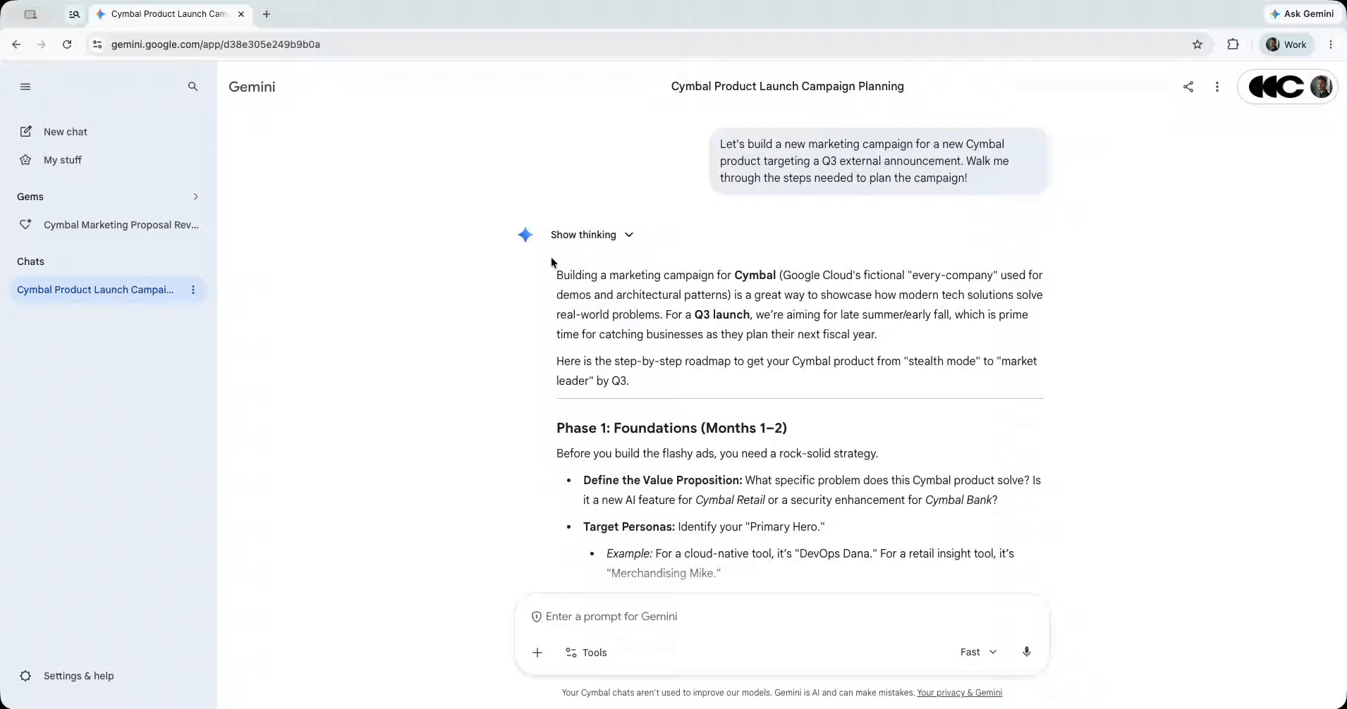 Screenshot of Gemini product launch campaign planning page with left navigation and chat panel open.