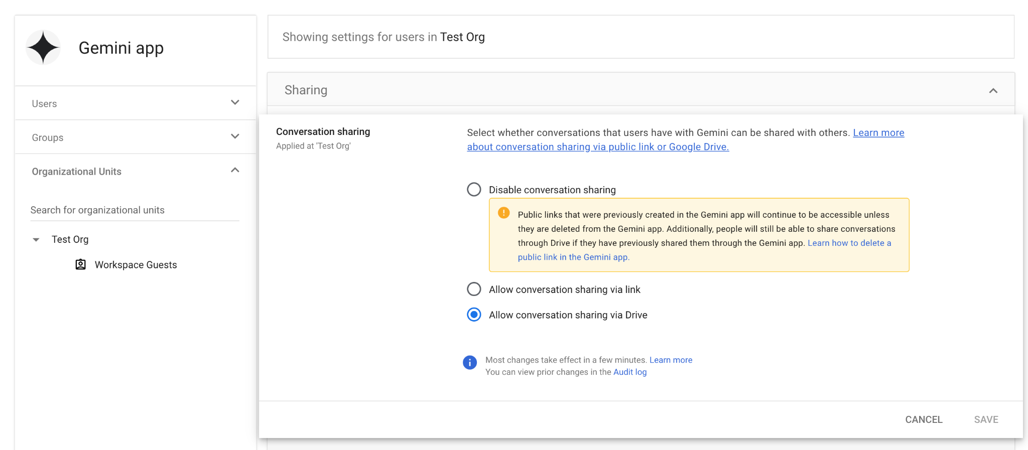 Settings panel for Gemini app: Sharing options for Test Org with Drive sharing selected and a public link warning.