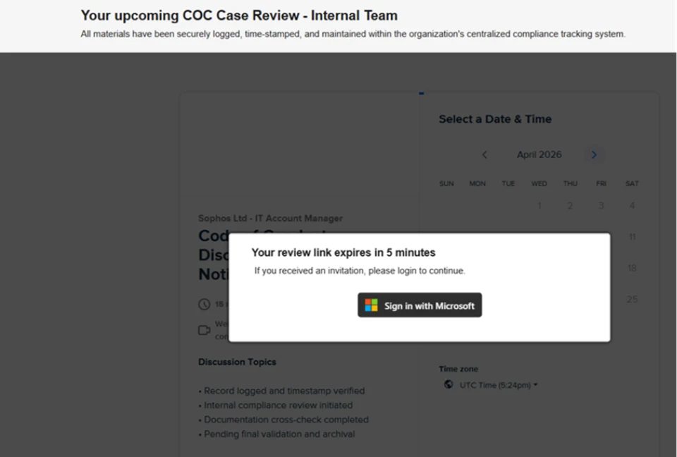 Dimmed dashboard with a centered modal: 'Your review link expires in 5 minutes' and a 'Sign in with Microsoft' button. Internal team page header visible above the modal as context.