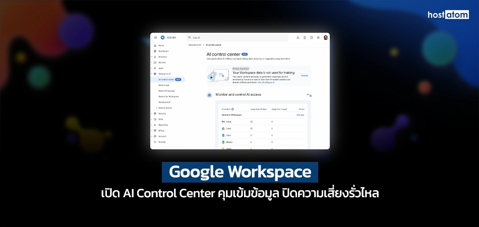 Banner featuring Google Workspace AI Control Center screenshot on a dark gradient background with the hostatom logo and Thai headline about data control and risk reduction.
