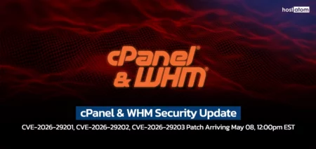 Banner for cPanel & WHM Security Update: orange cPanel/WHM logo on red wave background with a blue title bar reading 'cPanel & WHM Security Update' and CVE patch text below.