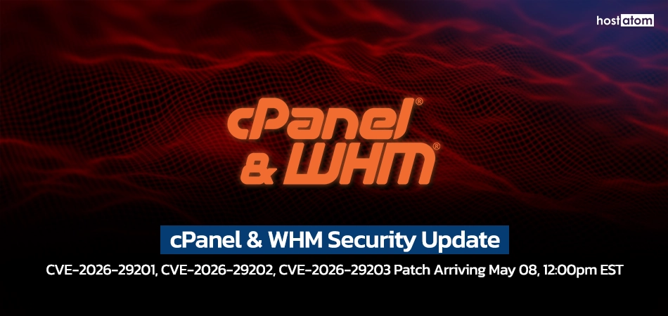Banner for cPanel & WHM Security Update: orange cPanel/WHM logo on red wave background with a blue title bar reading 'cPanel & WHM Security Update' and CVE patch text below.
