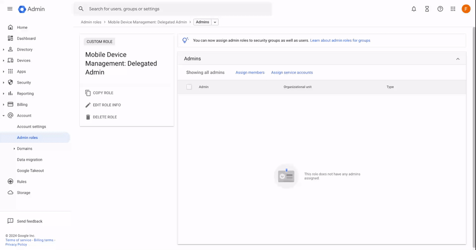 Google Admin console: Admin roles page with Mobile Device Management: Delegated Admin and no admins assigned.