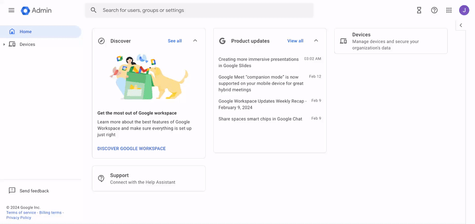 Admin console dashboard: left navigation with Home, center cards for Discover and Product updates, and a Devices panel on the right.