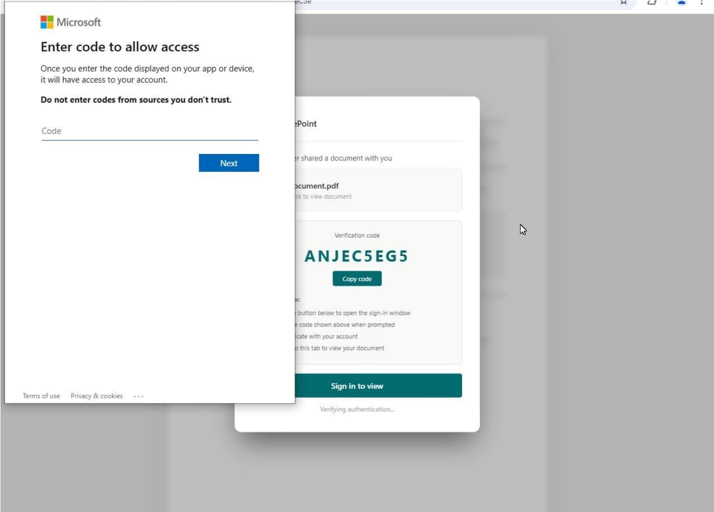 Microsoft access prompt asking for a code (Code field, Next button); behind it a verification-code dialog with a Copy code button and Sign in to view.