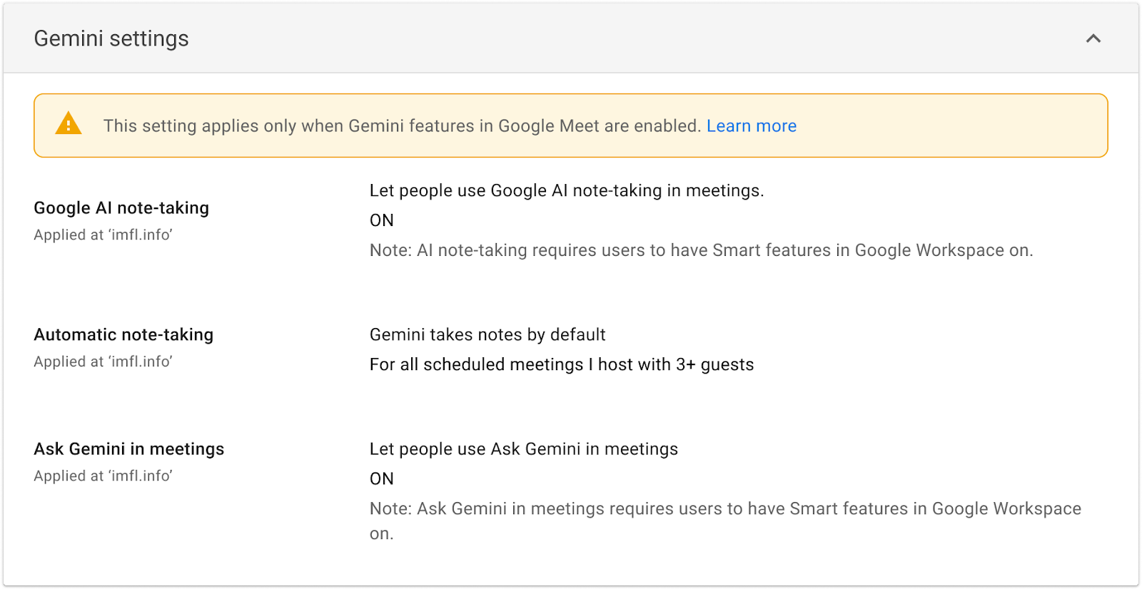 Gemini settings panel showing AI note-taking options in Google Meet, with a warning banner and on/off details for each feature.