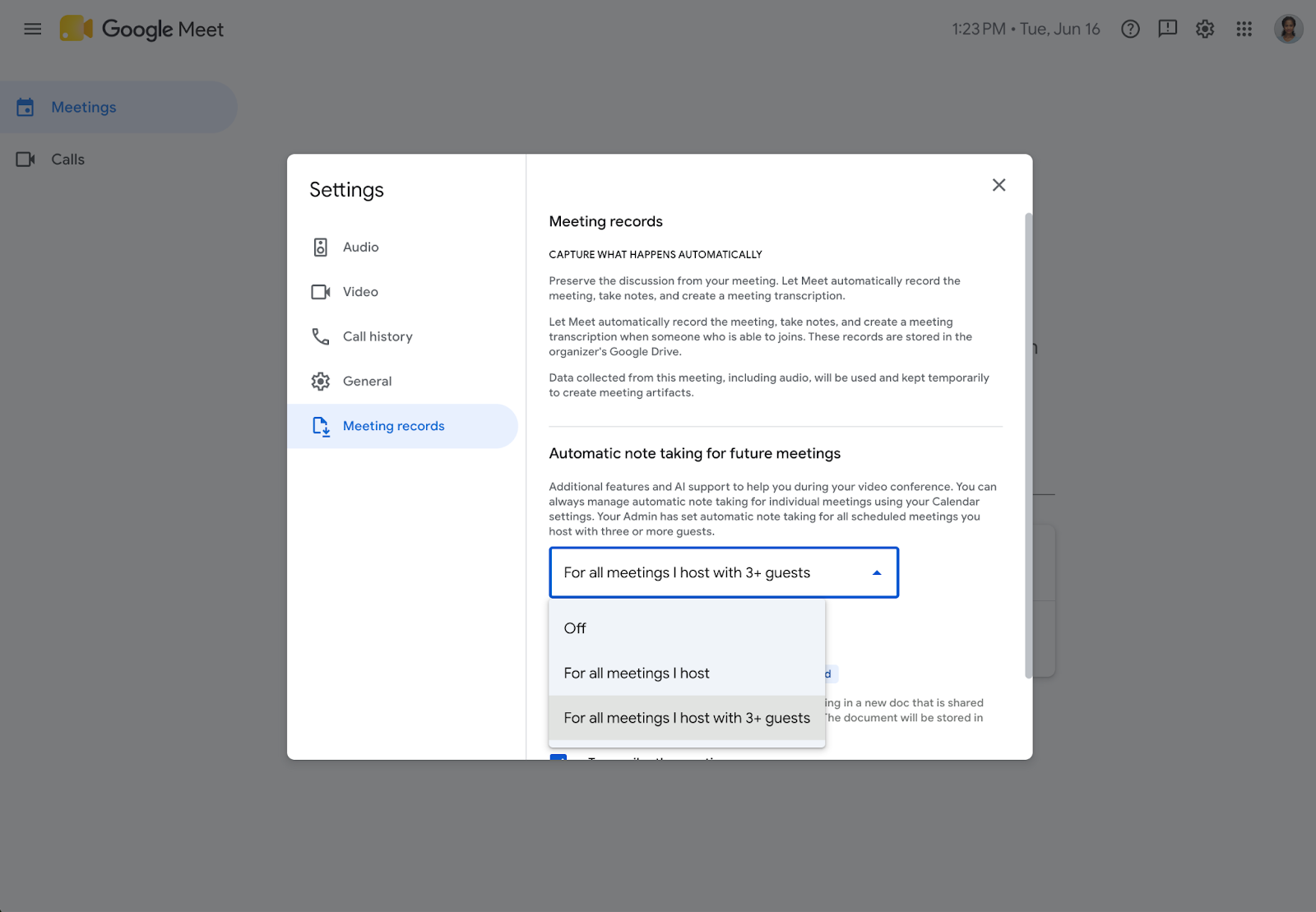 Modal Settings pane in Google Meet showing 'Meeting records' with options: Off, For all meetings I host, and For all meetings I host with 3+ guests.