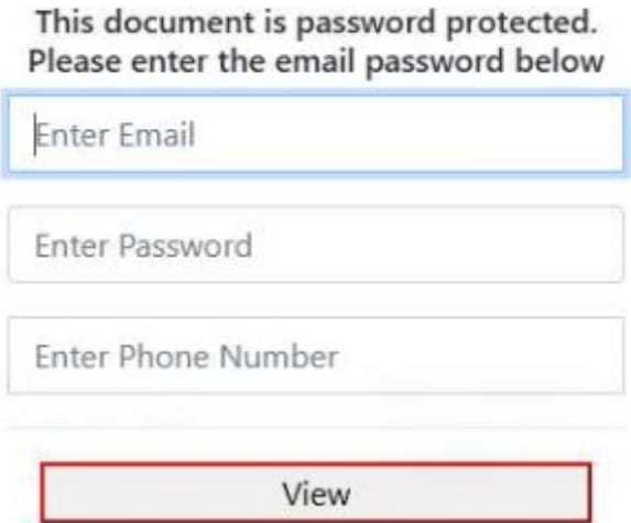 Password-protected document prompt with fields for Email, Password, and Phone Number, plus a View button.