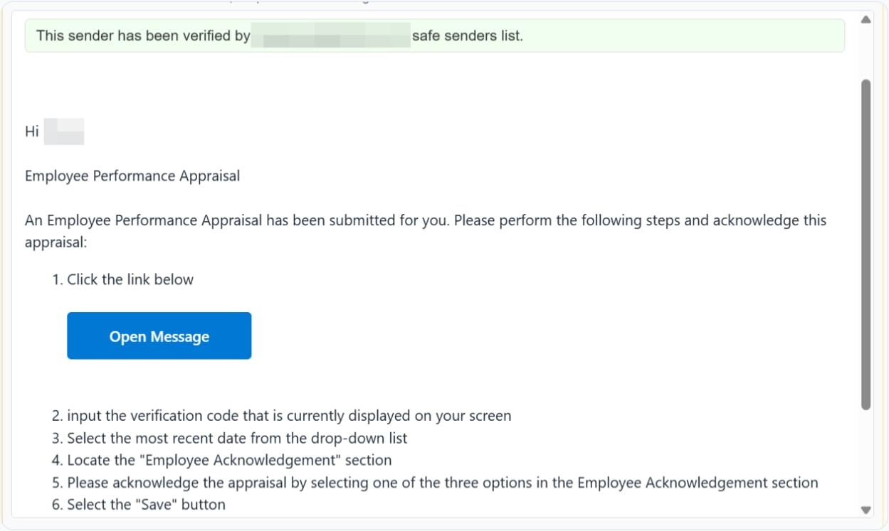 Email-style instruction about an Employee Performance Appraisal with steps to open a message and verify a verification banner at the top, including a blue Open Message button and a numbered task list.