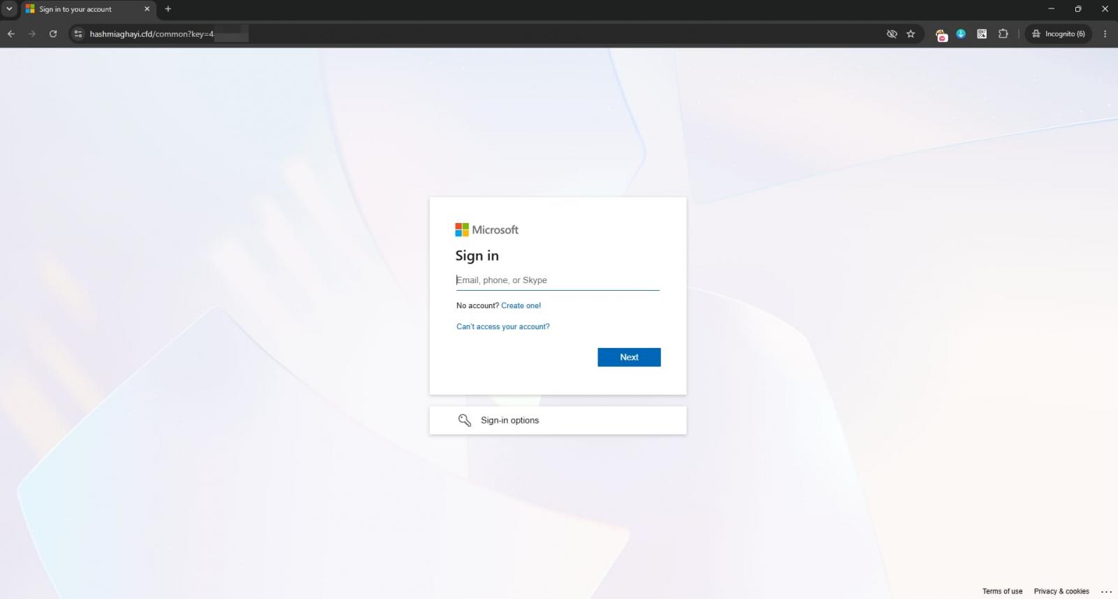 Microsoft sign-in dialog centered on a soft abstract background with an email/phone/Skype field and a Next button